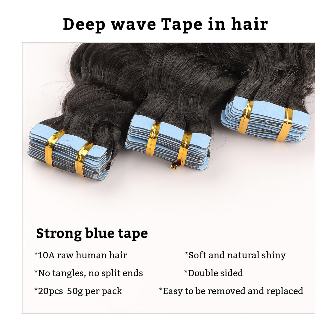 Orientfashion Deep Wave Tape In Hair Extensions Natural Black 100% Human Hair 50g/pack